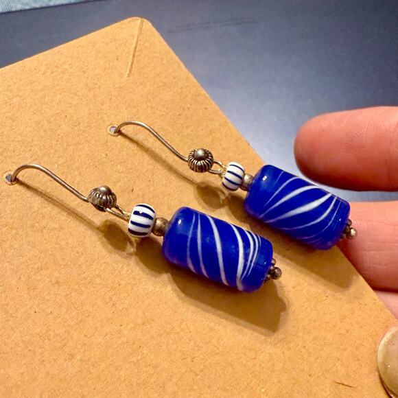 4 for $20 Sale- Handcrafted Blue & White Swirly Tubular Glass Bead Earrings - Picture 4 of 6